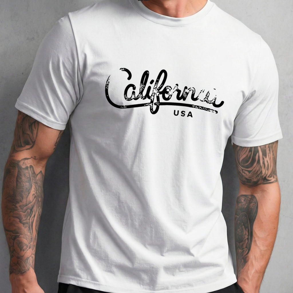 Camiseta Basica Masculina Branca Algodão Gola Redonda Manga Curta Estampa California USA Estilo Urbano Confortável Macia