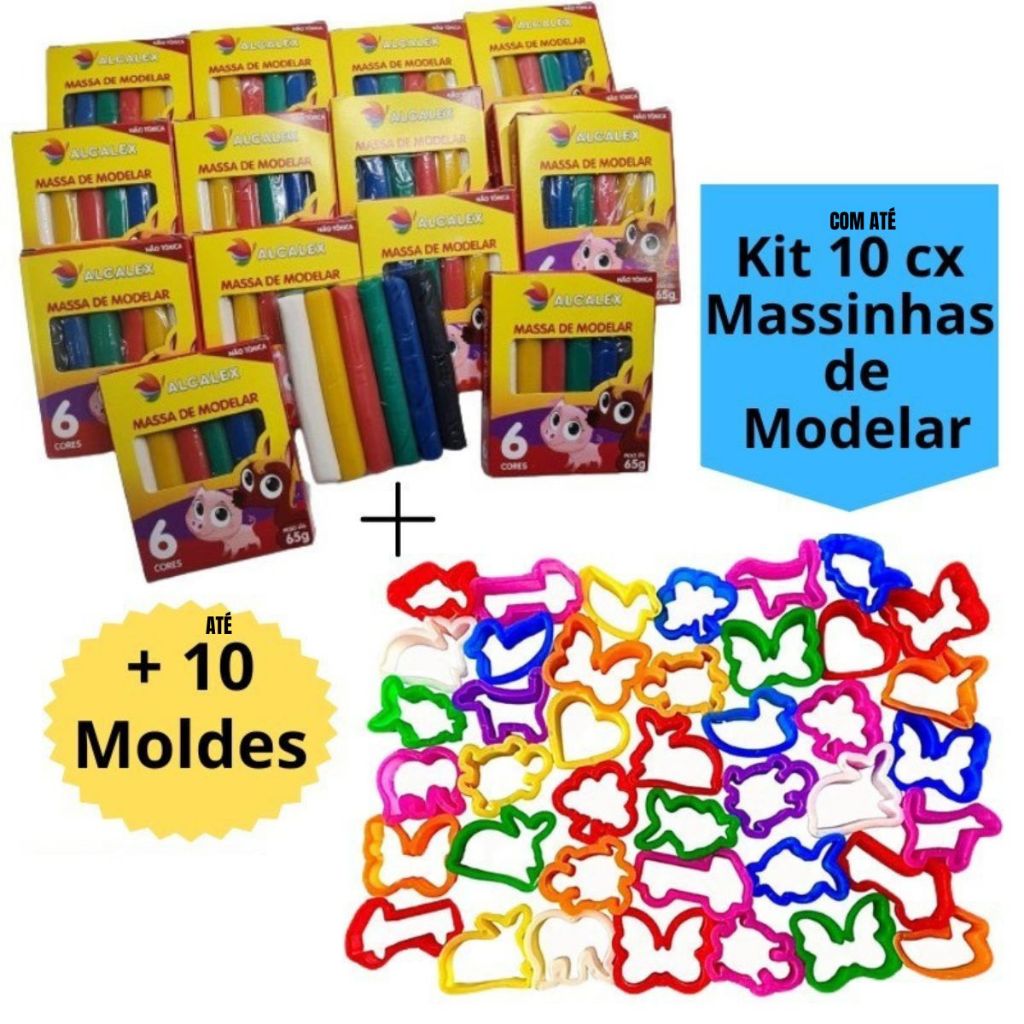 Kit com até 10 Cx Massinha de Modelar + 10 Cortador Molde Kit Festa Lembrancinha Infantil Escolar em Oferta na Shopee