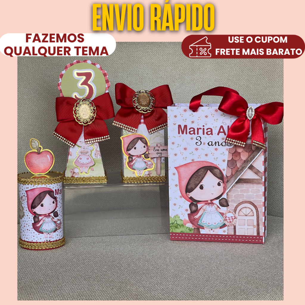Lembrancinha Personalizada Kit Luxo Chapeuzinho Vermelho |MONTADO, C/ LAÇO  E COM TAG 3D/ Caixinhas / Aniversário