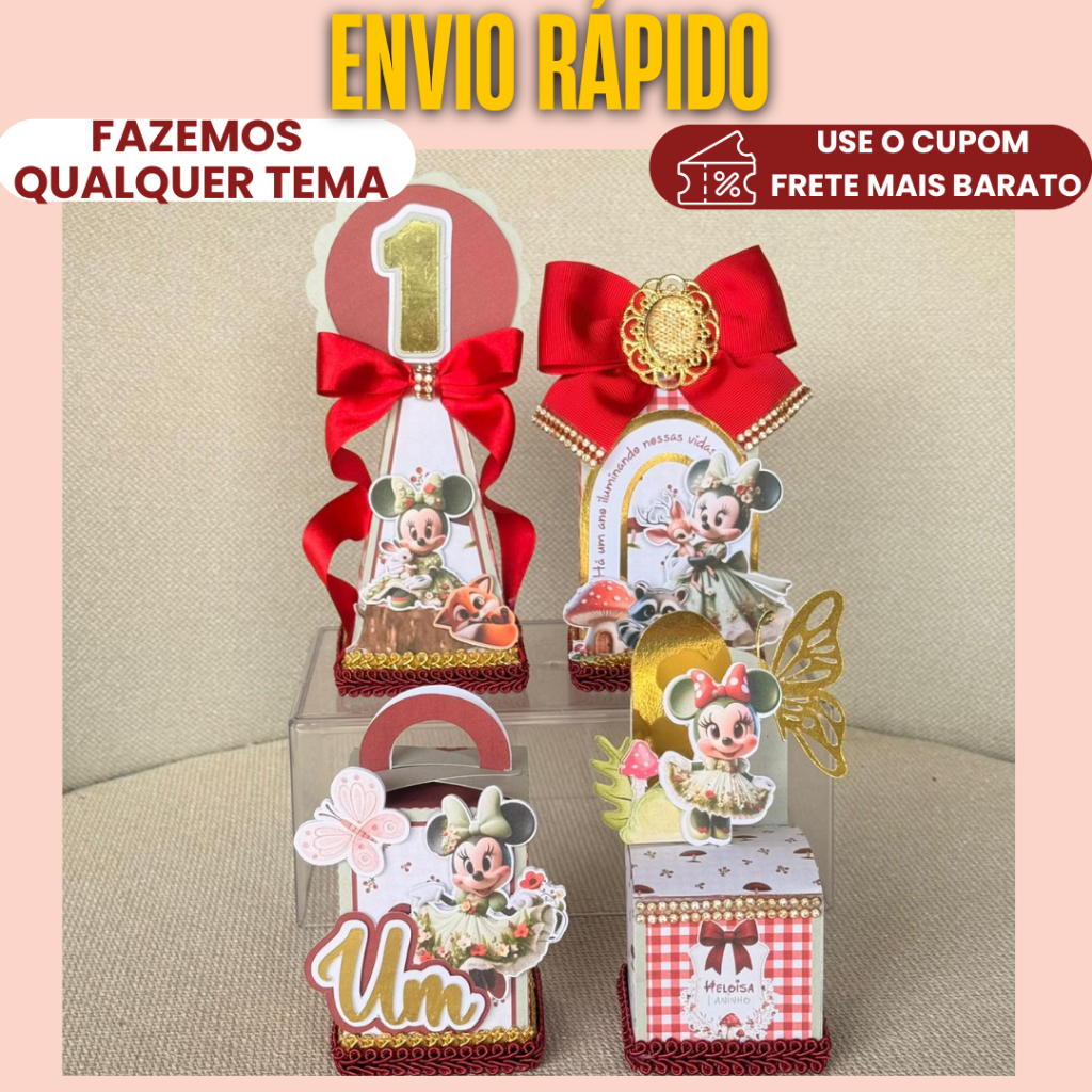 Lembrancinha Personalizada Kit Luxo Bosque da Minnie Vermelho |MONTADO, C/ LAÇO  E COM TAG 3D/ Caixinhas / Aniversário