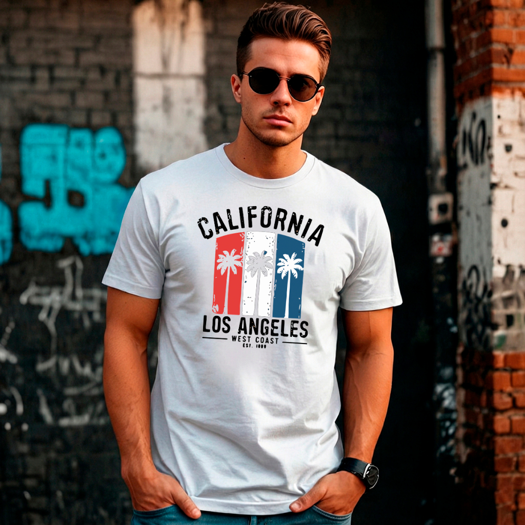 Camiseta Masculina Básica Branca Algodão Gola Redonda Manga Curta Estilo Conforto Estampa City Los Angeles Califórnia