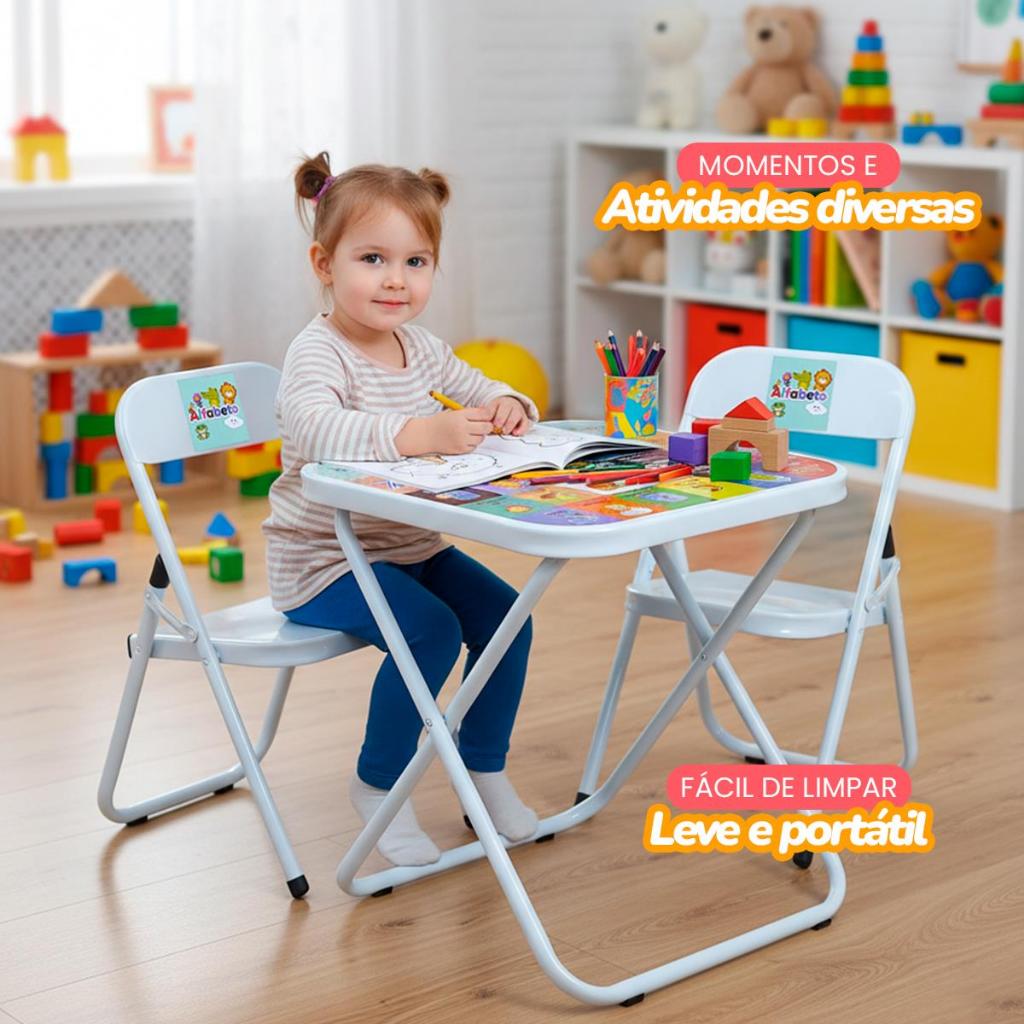 Mesa Infantil Didática com 2 Cadeiras Dobrável Educativa