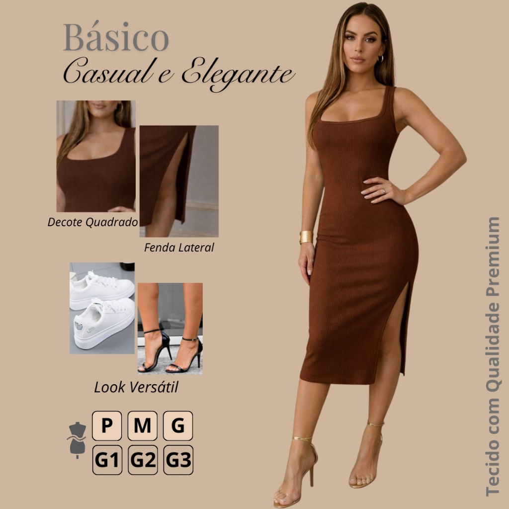 vestido midi feminino com fenda sem manga ribana canelado de algodão casual social tubinho justo colado tendencia verao em Oferta na Shopee