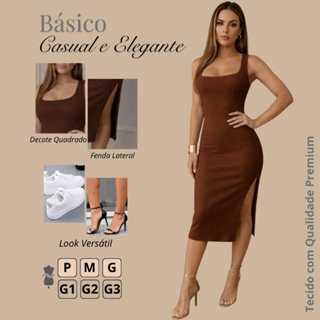 vestido midi feminino com fenda sem manga ribana canelado de algodão casual social tubinho justo colado tendencia verao em Oferta na Shopee