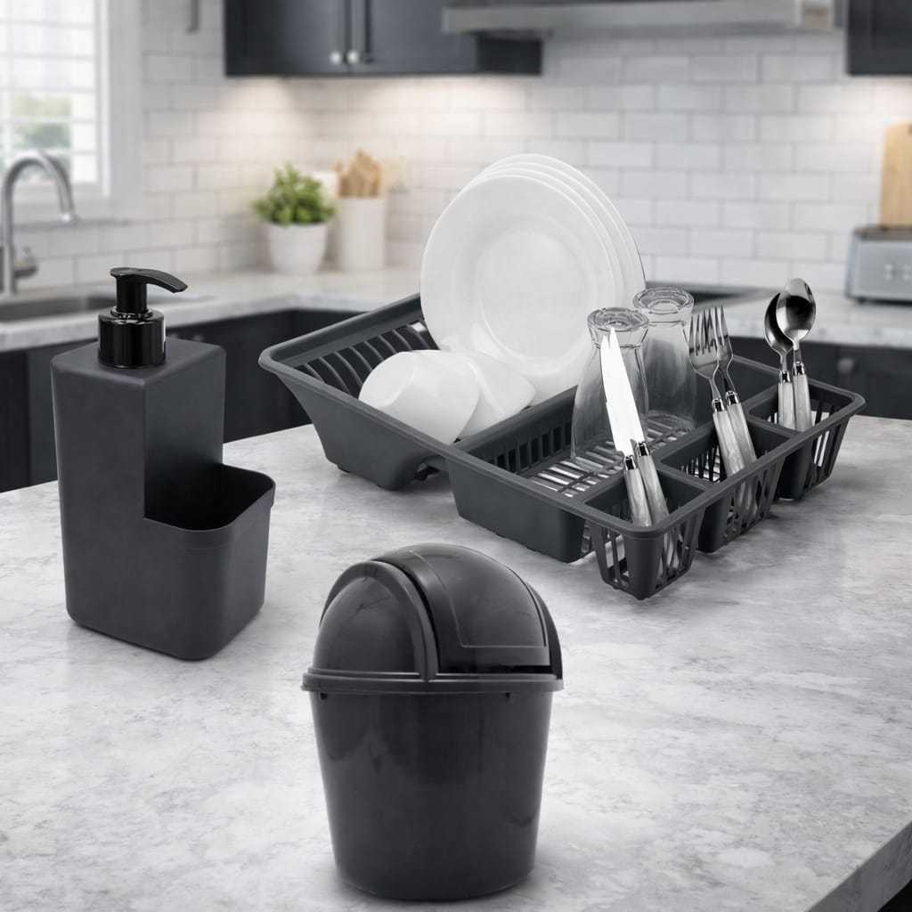 Kit Cozinha 3 Pecas Lixeira 2,4 Litros + Escorredor De Louças + Porta Detergente Dispenser Porta Esponja Pia Cozinha
