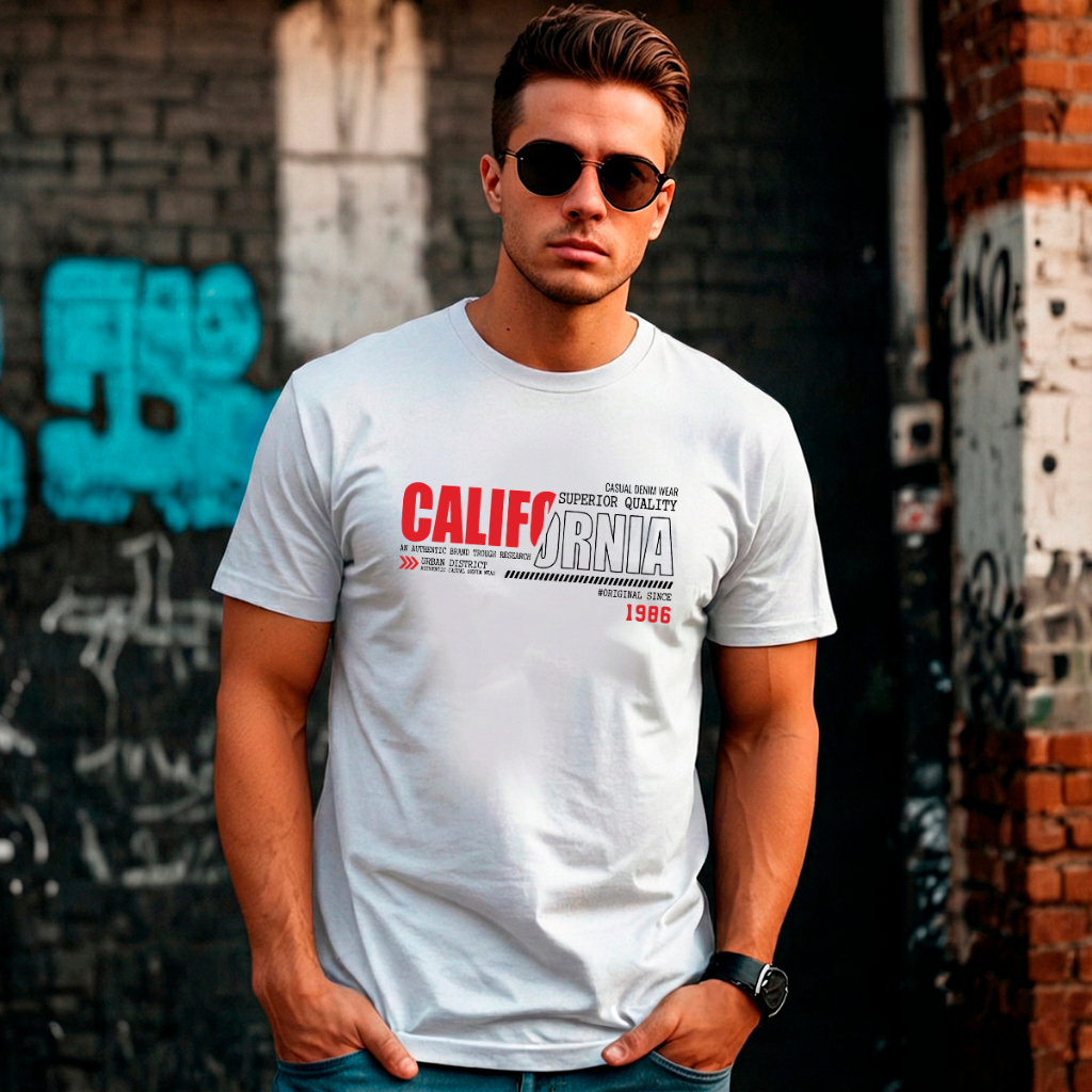 Camiseta Masculina Básica Branca Algodão Gola Redonda Manga Curta Estilo Conforto Estampa City Califórnia