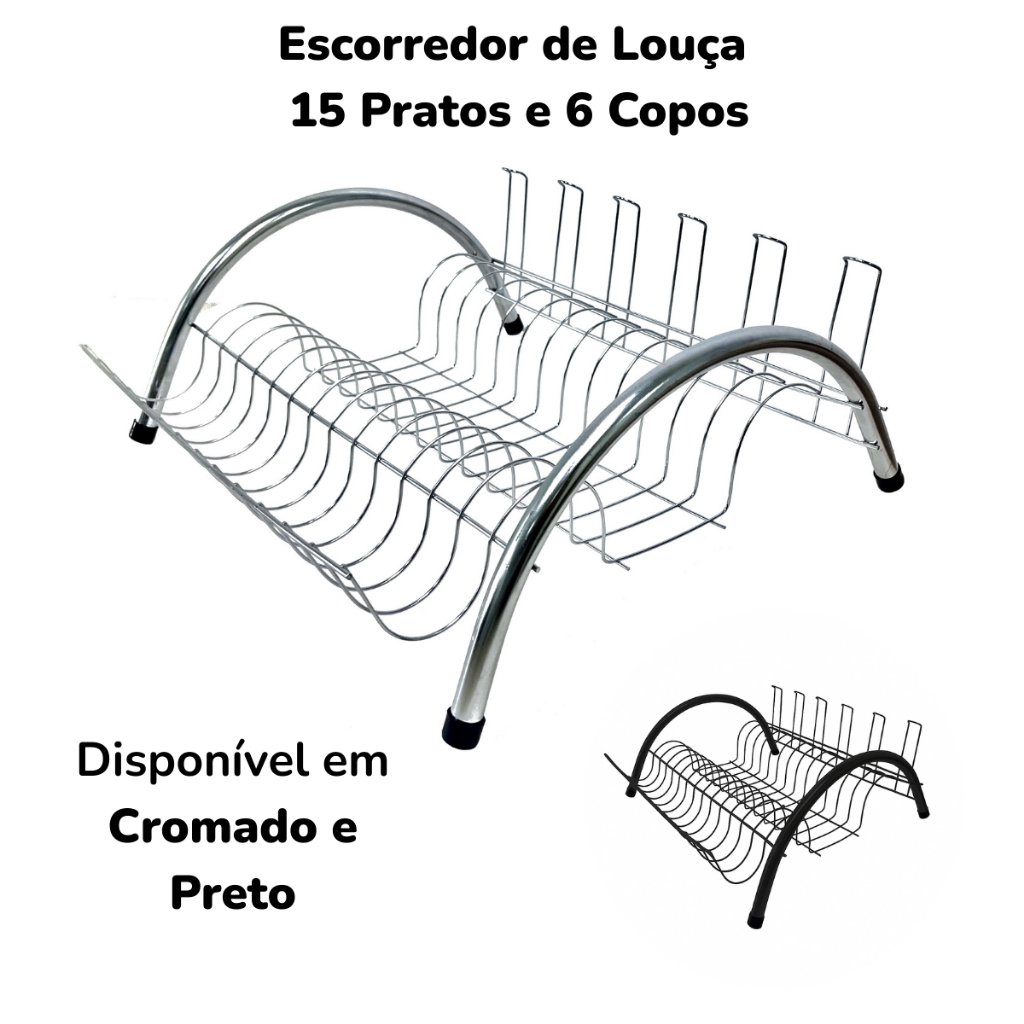 Escorredor de Louça Cromado e Preto 15 Pratos e 6 Copos + Talheres Cozinha Organizada – Madefer Inox