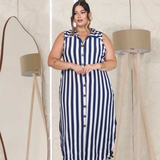 Chemise Listrado Vestido Feminino Regata Plus Size Bata Soltinho Elegante G1-G2-G3-G4