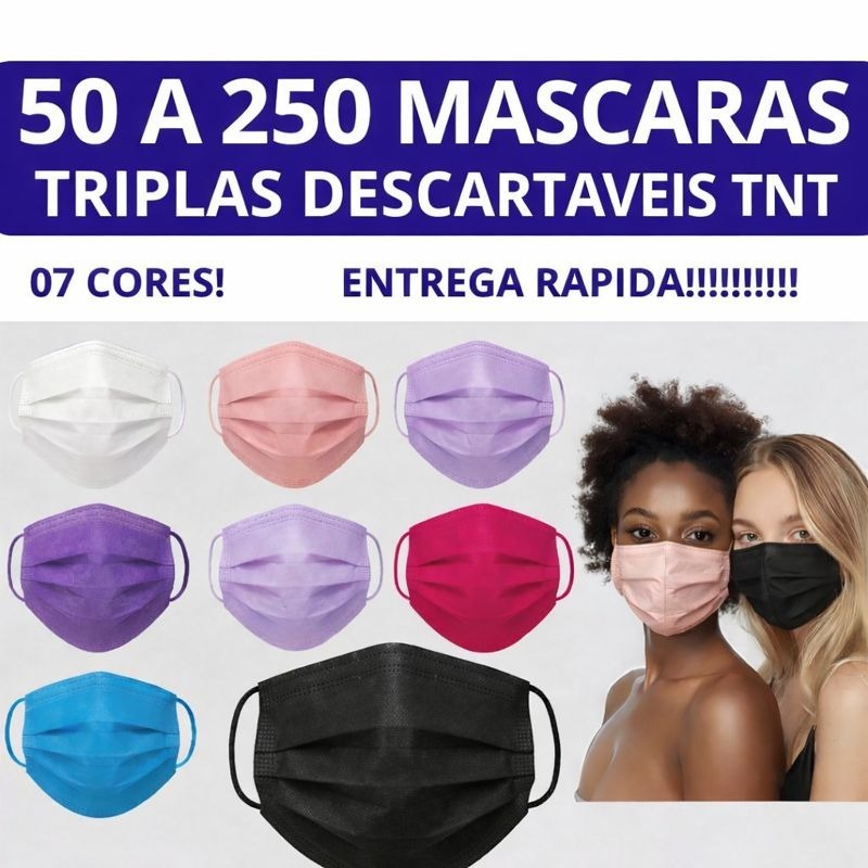 50 a 250 Mascaras Descartáveis Colorida Tripla Camada Com Clipe Nasal Profissional