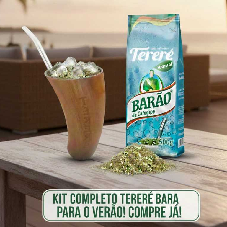 Kit Tereré Barão de Cotegipe: Erva Natural 500g + Cuia Guampa Exclusiva + Bomba