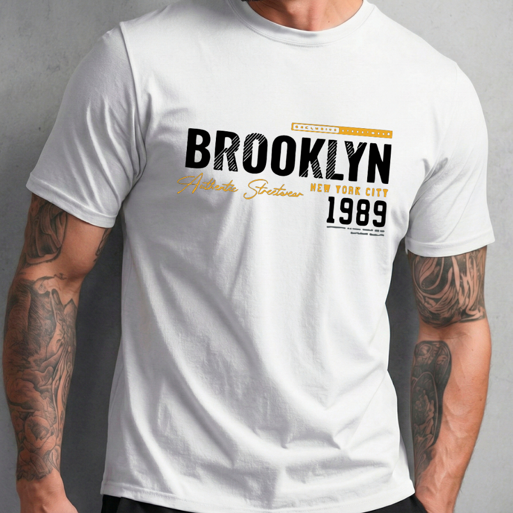 Camiseta Basica Masculina Branca Algodão Gola Redonda Manga Curta Estampa Brooklyn Estilo Urbano Confortável Leve Macia
