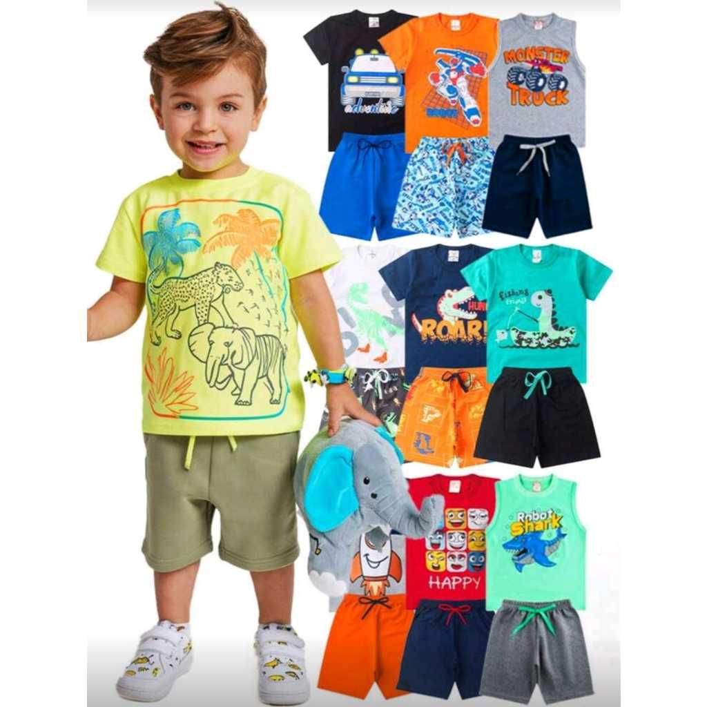 Kit Sortido 10 Peças de Roupa Infantil Menino 5 Camisetas + 5 Bermudas 5 Conjuntos de Roupa Infantil