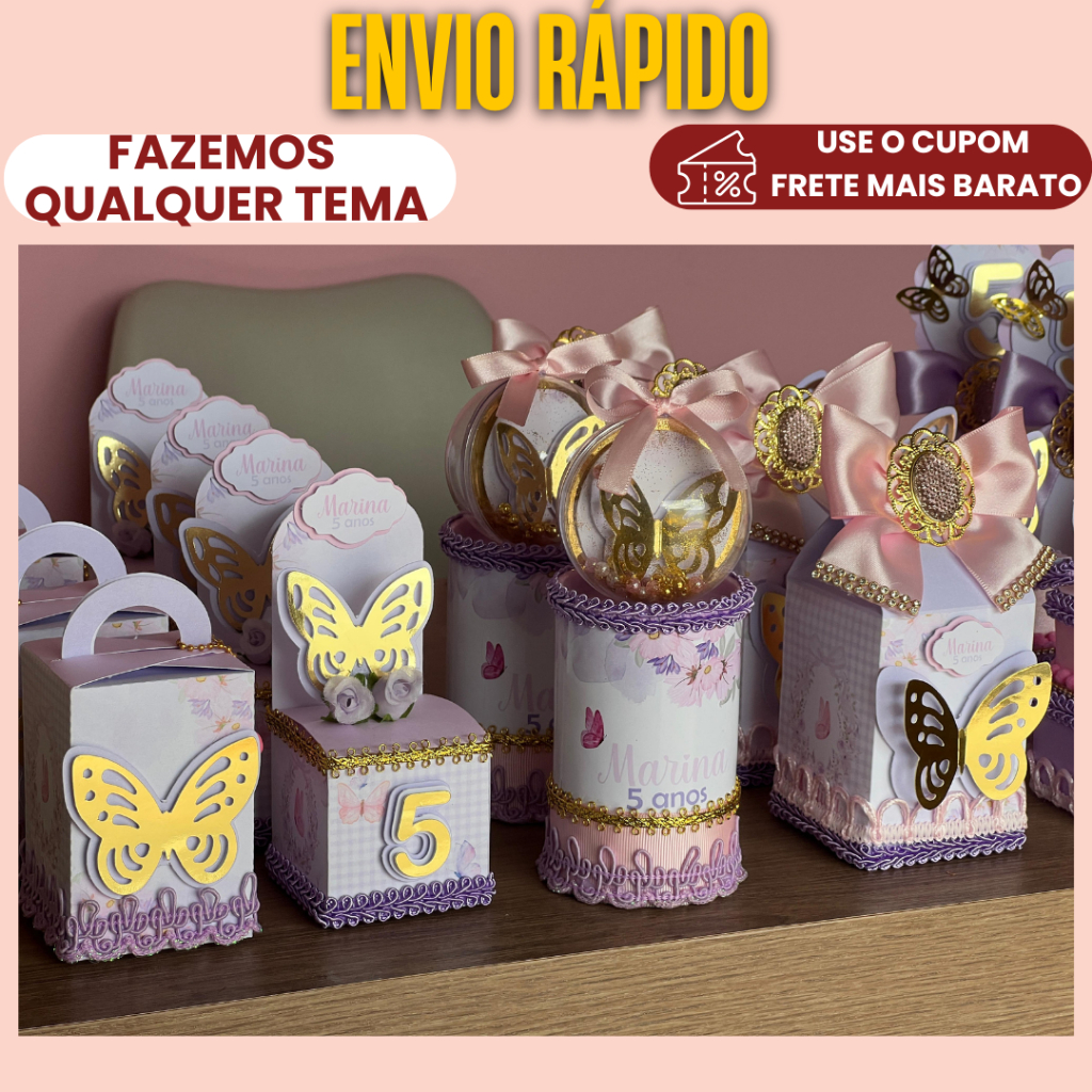 Lembrancinha Personalizada Kit Luxo Jardim das borboletas Lilas |MONTADO, C/ LAÇO  E COM TAG 3D/ Caixinhas / Aniversário