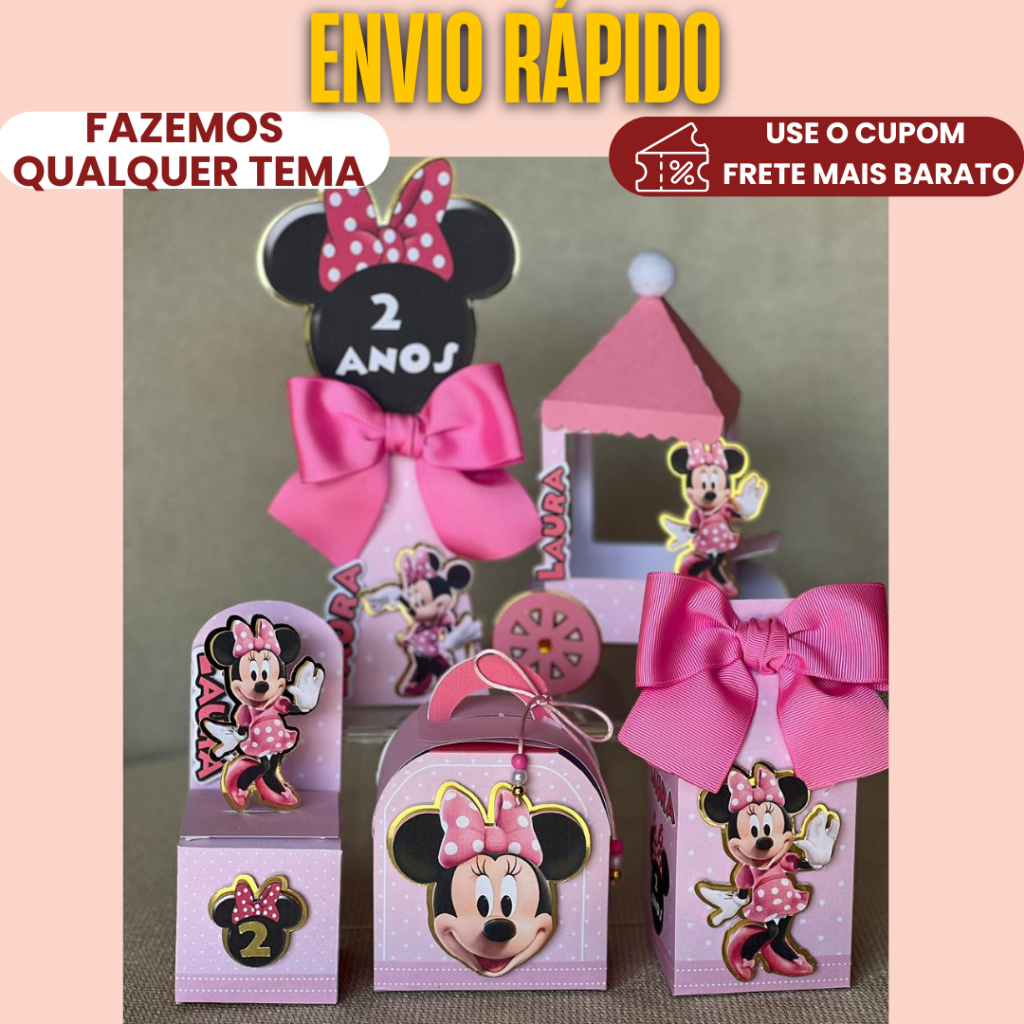 Lembrancinha Personalizada Minnie Rosa Kit Clássico com Aplique 3D Caixinha para festa Aniversário - PEGUE E MONTE