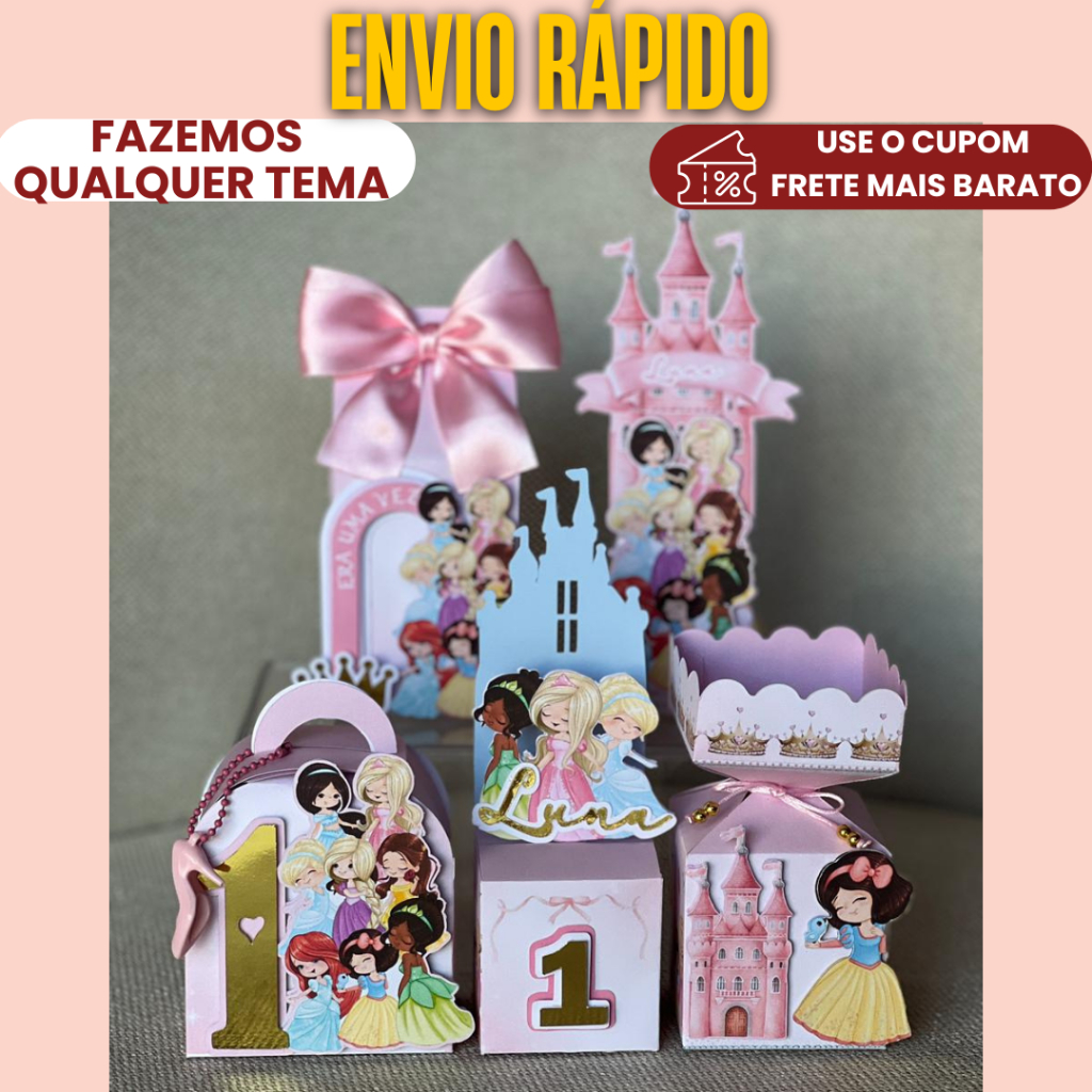 Lembrancinha Personalizada Princesas da Disney Kit Clássico |MONTADO, C/LAÇO  E COM TAG 3D festa Aniversário