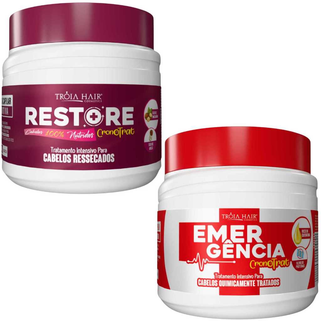 KIT EMERGÊNCIA + RESTORE 500G – MÁSCARAS DE RECONSTRUÇÃO E NUTRIÇÃO PARA CABELOS DANIFICADOS