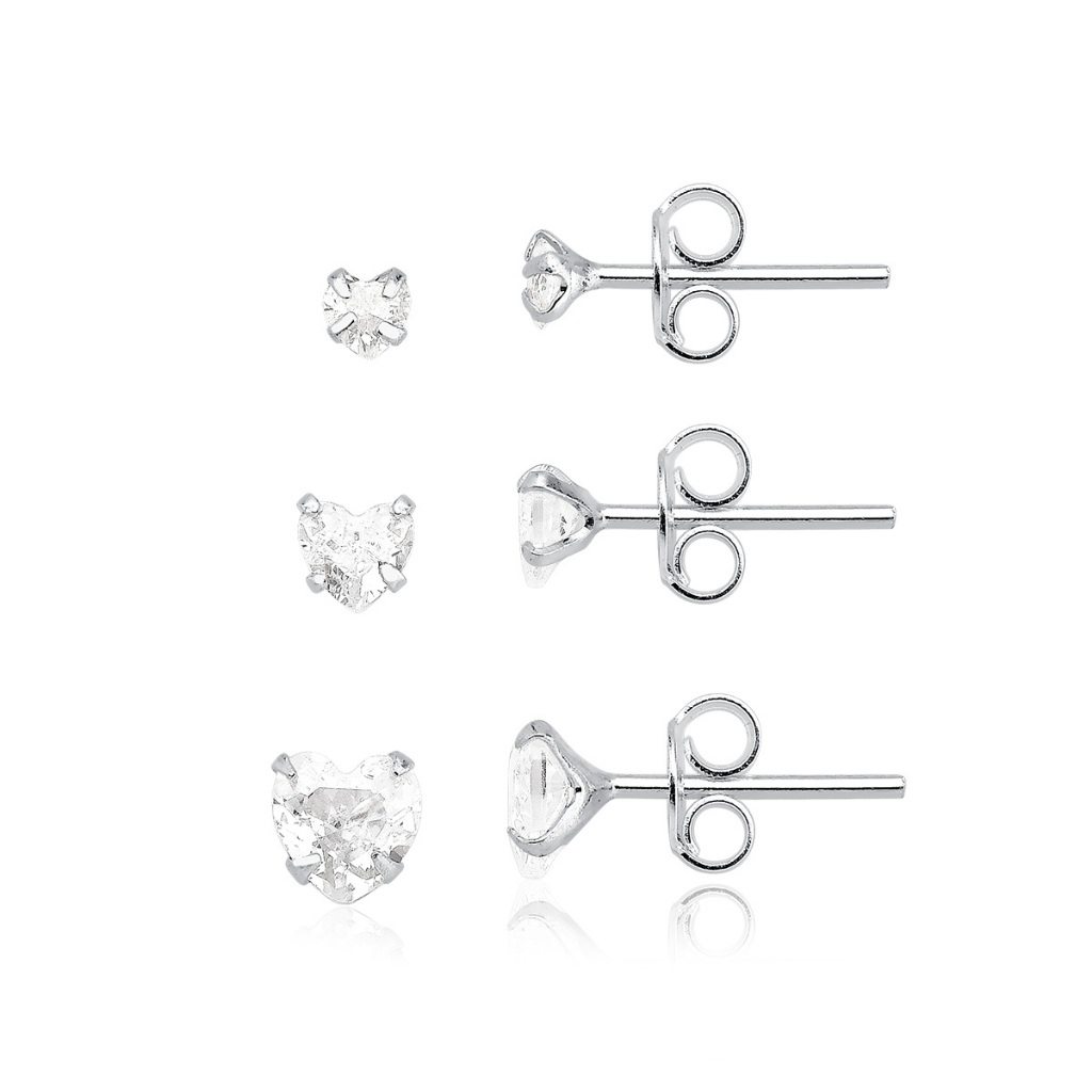 Brinco trio kit coração zirconia prata 925 4mm/5mm/6mm ponto de luz