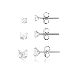 Brinco trio kit coração zirconia prata 925 4mm/5mm/6mm ponto de luz