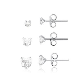 Brinco trio kit coração zirconia prata 925 4mm/5mm/6mm ponto de luz