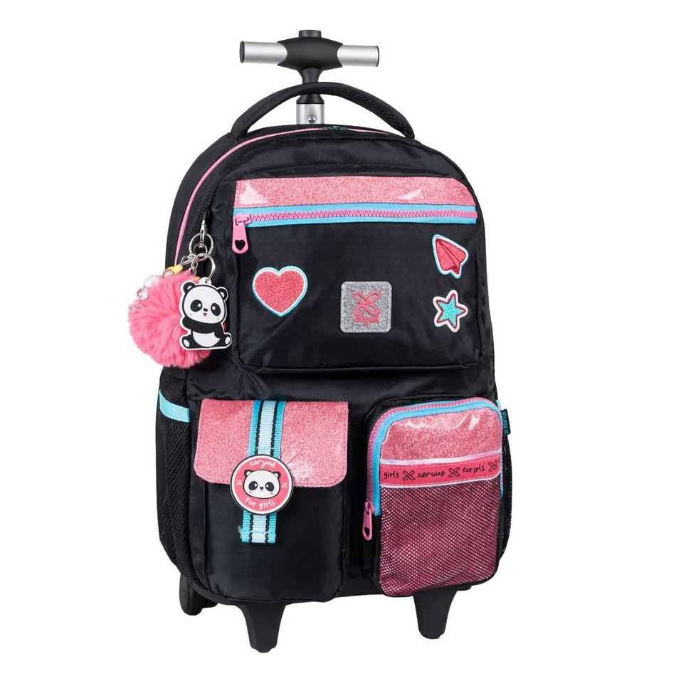 Mochila Escolar de Rodinhas Juvenil para Menina de Luxo Panda Unicórnio Gatinha Pompom Glitter Original Xeryus