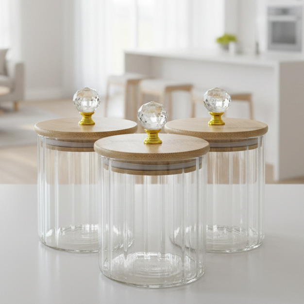 Pote de vidro Canelado cristal Tampa Bambu 500ml Cozinha  Porta Mantimentos condimentos Organização Armazenamento em Oferta na Shopee