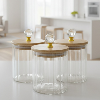 Pote de vidro Canelado cristal Tampa Bambu 500ml Cozinha  Porta Mantimentos condimentos Organização Armazenamento em Oferta na Shopee