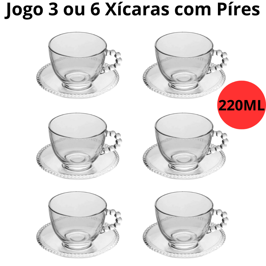 Jogo De Xícaras com Pires 6 ou 12 Peças Café e Chá Pearl Pérola Transparente Vidro 220ml Decorada Luxo