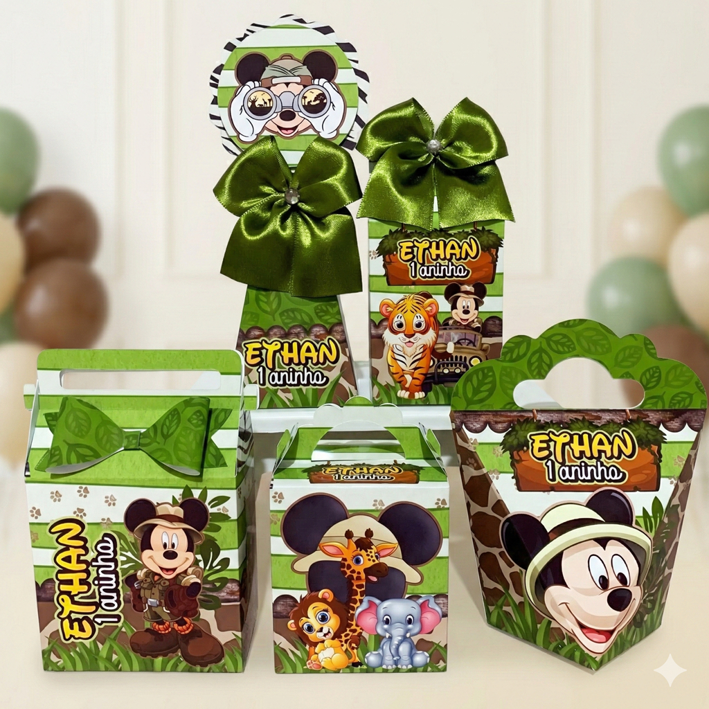 Kit Personalizados caixas Festa Mickey Safari  Caixinha Aniversário Lembrancinha Pegue e Monte