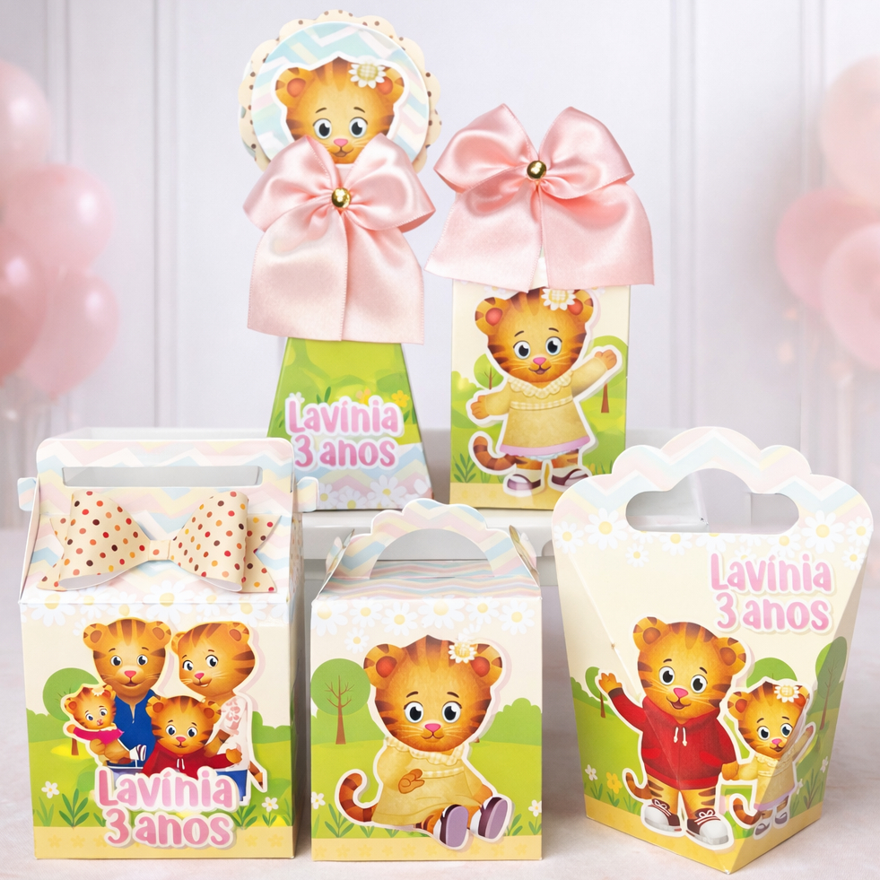 Kit Personalizados caixas Festa Daniel Tigre Menina  Caixinha Aniversário Lembrancinha Pegue e Monte