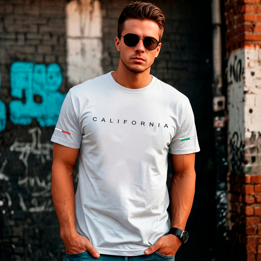 Camiseta Masculina Básica Branca Algodão Gola Redonda Manga Curta Estilo Conforto Estampa Faixa Califórnia