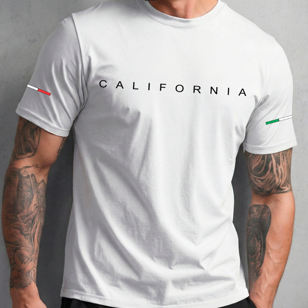 Camiseta Basica Masculina Branca Algodão Gola Redonda Manga Curta Estampa Faixa California Estilo Urbano Confortável
