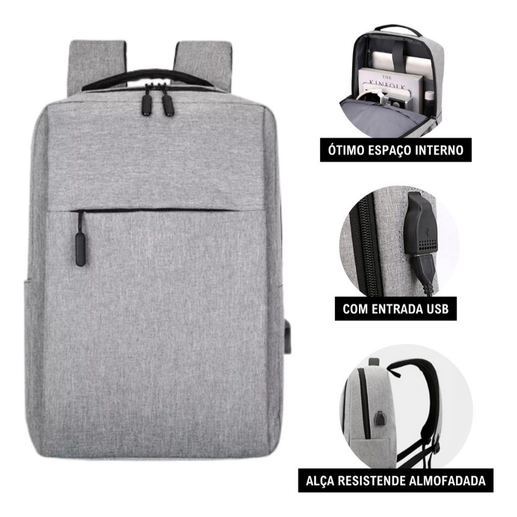 Mochila Unissex Notebook Resistente Água Viagem ou Escola Acolchoado para Notebook com saida USB
