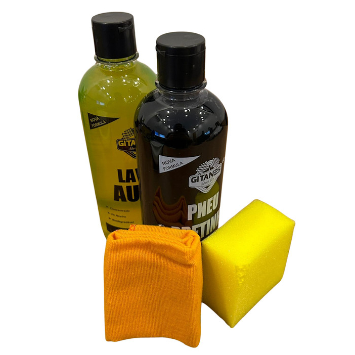 Kit Limpeza Shampoo + Limpa Pneu + Flanela e Esponja Limpeza Automotiva Gitanes