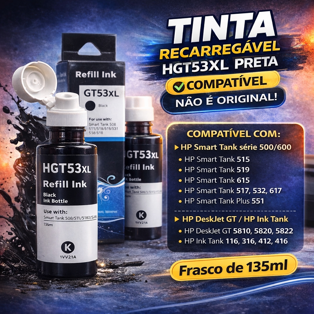 Garrafa De Tinta Gt53 Gt51 GT53xl Preto Compatível Com Smart Tank 416 517  Gt5810 Gt5820 Gt582