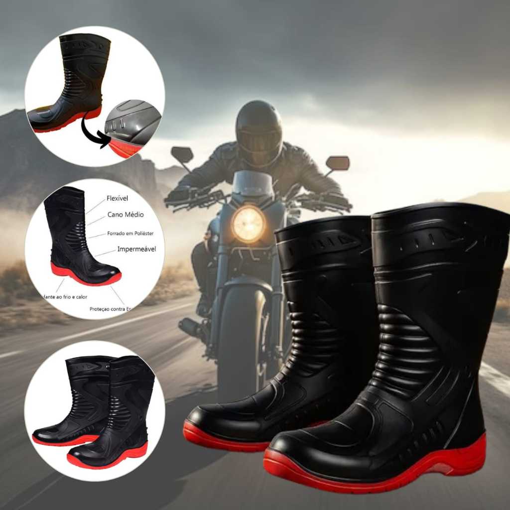 Bota de Chuva Impermeável preto e vermelho Motoboy / Motoqueiro de PVC Reforçada de Alta Performance em Oferta na Shopee