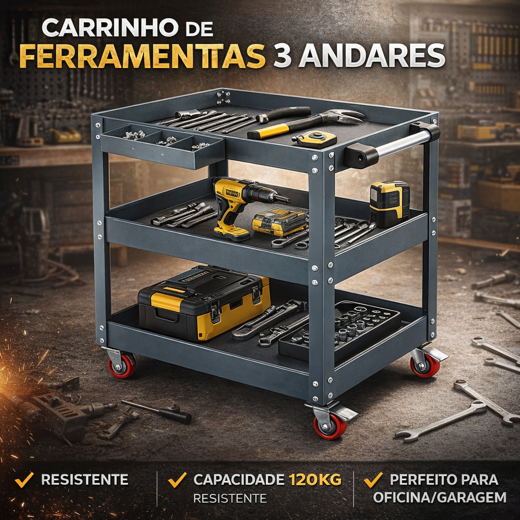 Carrinho Ferramentas 3 Andares Aço 120kg Rodízios Oficina Garagem Desmontável