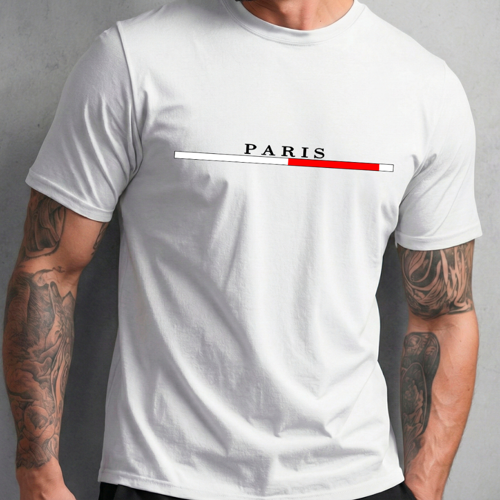 Camiseta Basica Masculina Branca Algodão Gola Redonda Manga Curta Estampa Faixa Paris Estilo Urbano Confortável Macia