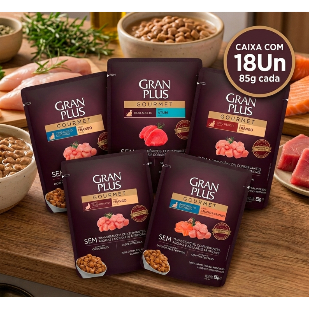 Ração Úmida GranPlus Sachês Para Gatos Caixa Com 18Un 85g - Carne, Frango, Atum, Ovelha e Salmão em Oferta na Shopee