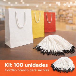 Kit 100 Cordões Brancos com Ponteira Preta Alça para Sacolas Polipropileno Alta Qualidade