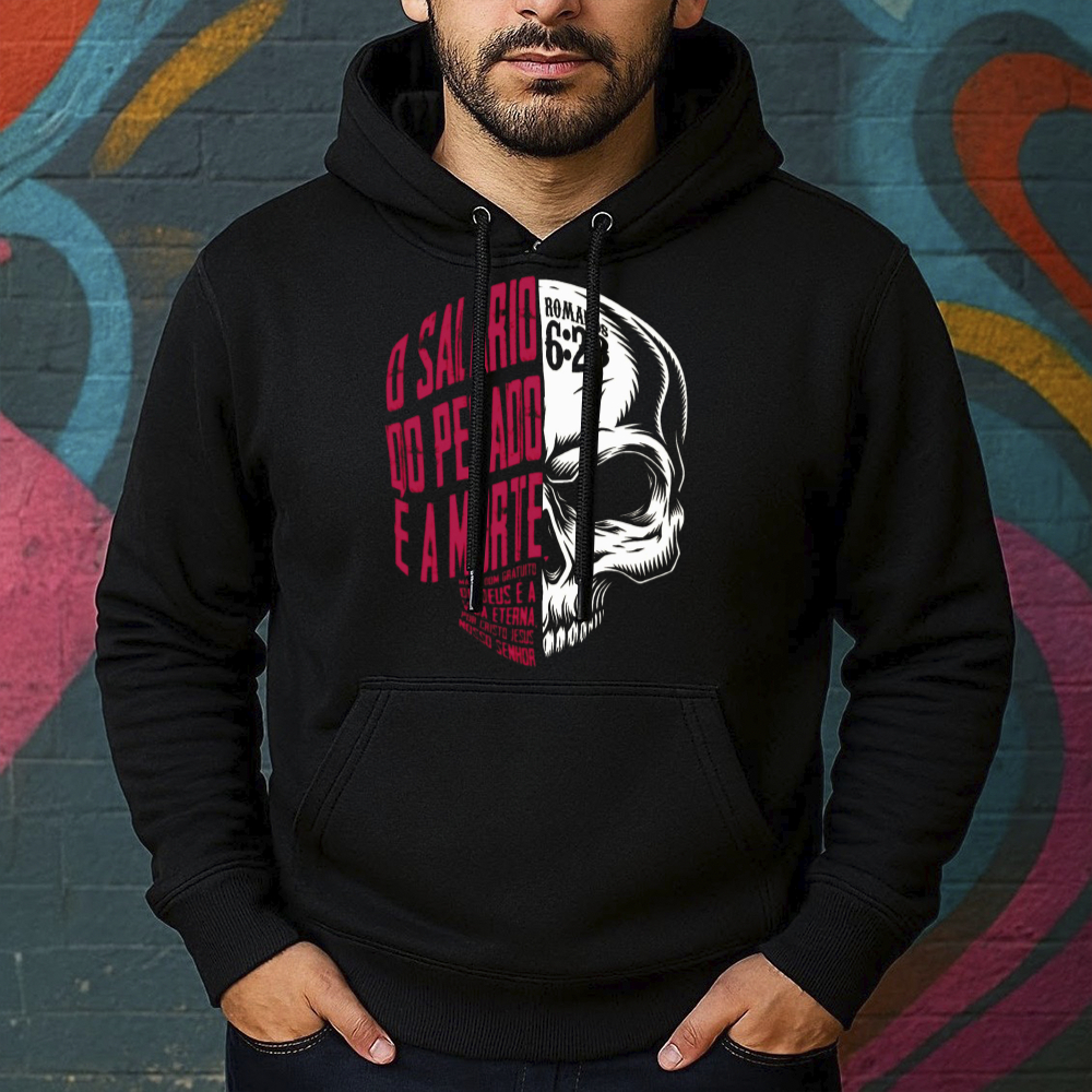 Blusa de Moletom Estampada Caveira Religiosa Canguru Masculina Confortável Do Tamanho P ao GG