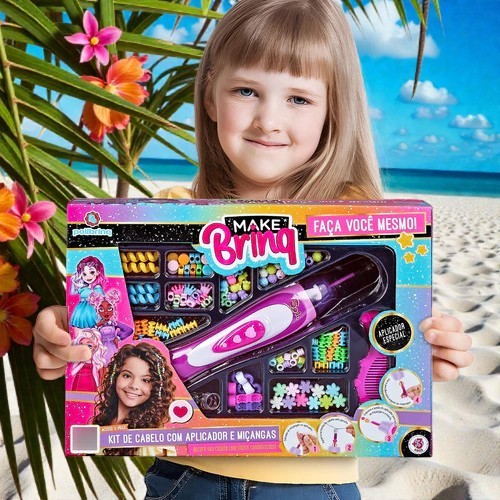 Kit Miçangas Fazer Tranças Cabelo Penteado Rosa Polibrinq Brinquedo Menina Crianças
