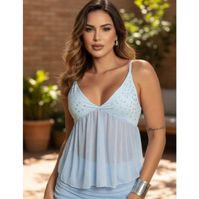 Blusa Bata Feminina Suplex com Tule Brilho Alcinha Regulavel Carnaval Festa Casual Elegante