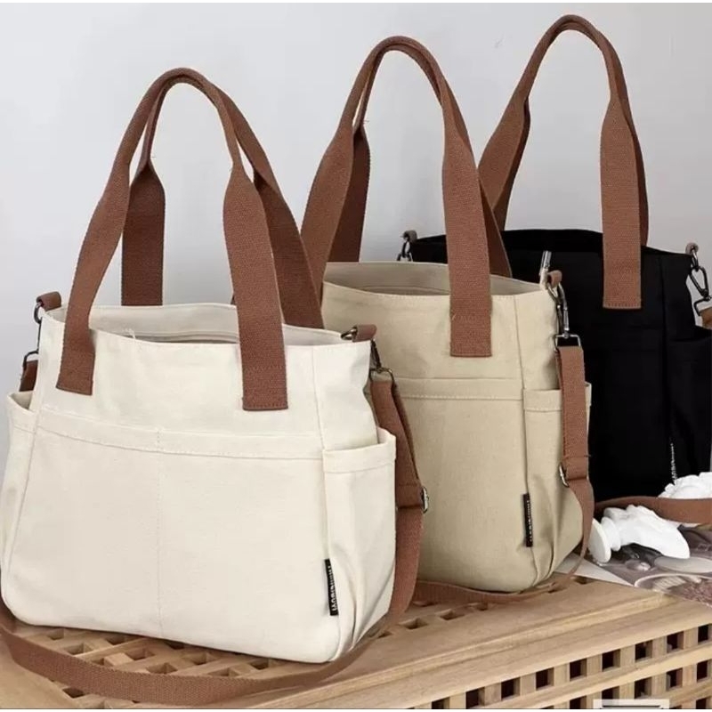 Bolsa de lona espessada com vários bolsos, sacola com zíper, cor sólida, bolsa crossbody para trabalho