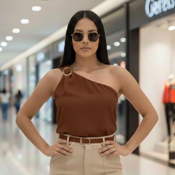 Blusa Regata Social Feminina de um Ombro Só C/ Detalhe de Fivela Organica em Oferta na Shopee