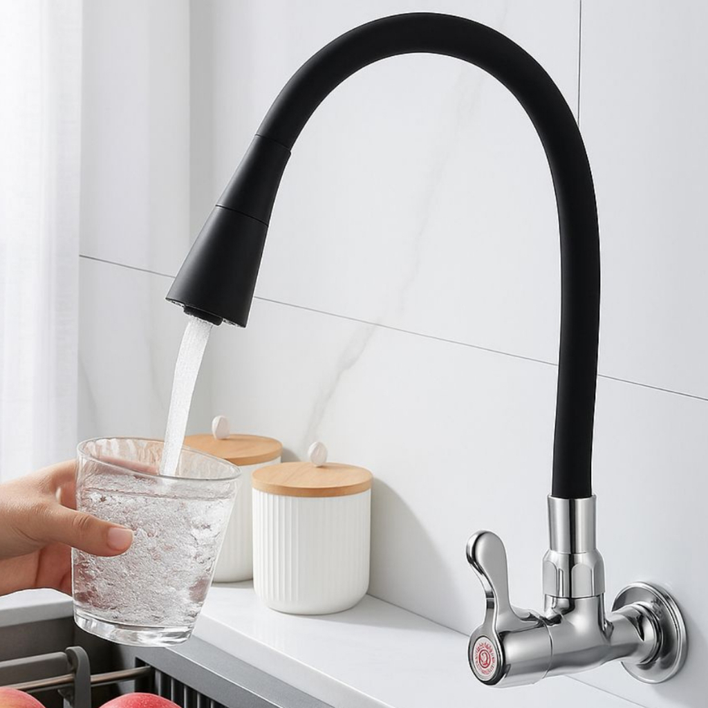 Torneira Cozinha Parede Preta Flexível Duplo Jato Cone 1/4 de Volta Gourmet