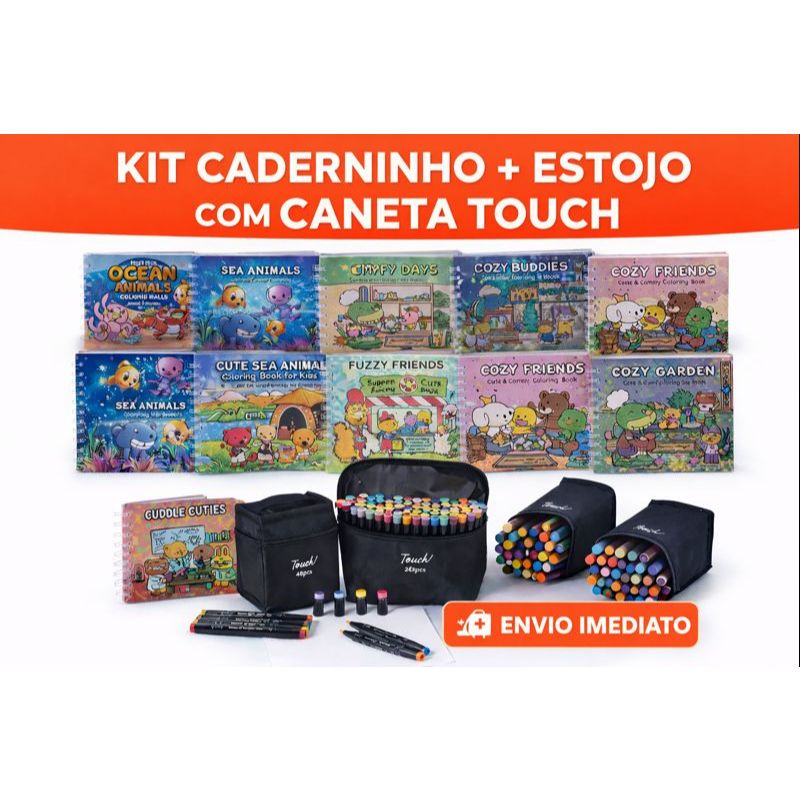Caderninho de Colorir + 24 Canetas Touch Dupla Ponta (Fina + Brush)