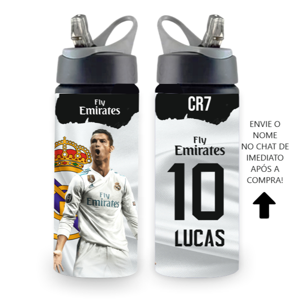 Garrafa Real Madri Cristiano Ronaldo Alumínio/Squezee 600ml Personalizada com nome