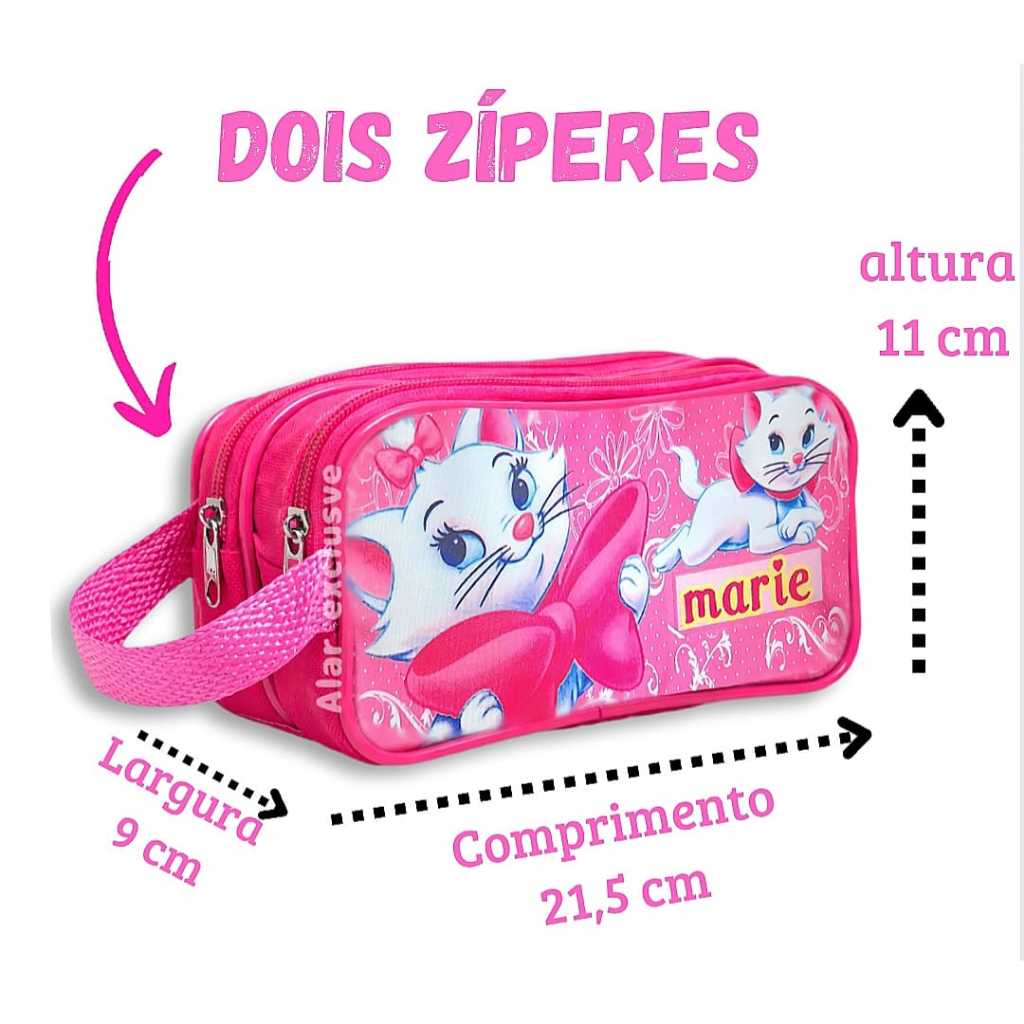 Detalhes do Estojo Escolar Infantil Gata Marie Dois Compartimentos e Alça