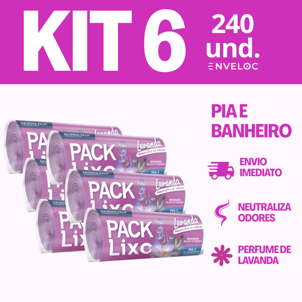Saco de Lixo Pia e Banheiro Lavanda 38x34cm Kit 6 Pacotes (240 Sacos) Pack Lixo - Extrusa-Pack em Oferta na Shopee