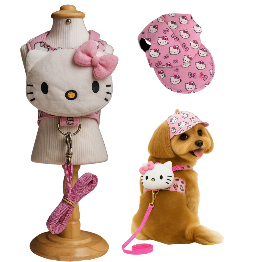 Guia Peitoral com Mochila e boné Rosa para Cães e Gatos - Coleira